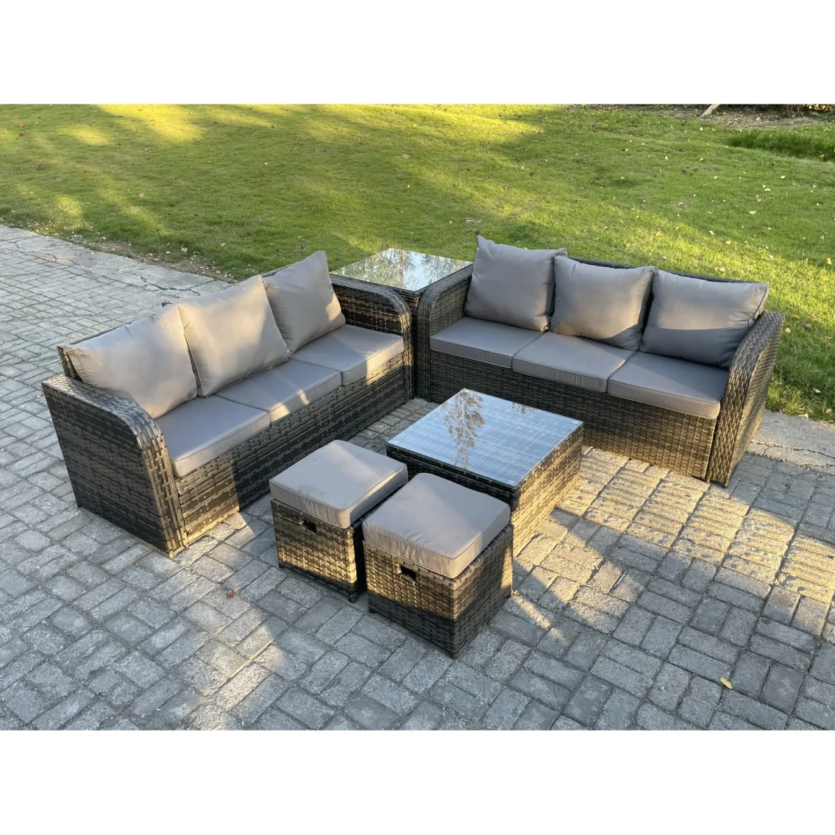 Fimous 8-Seater Outdoor PE Rattan Sofa Set with Grey Cushions - Dark Grey Mixed – image 4