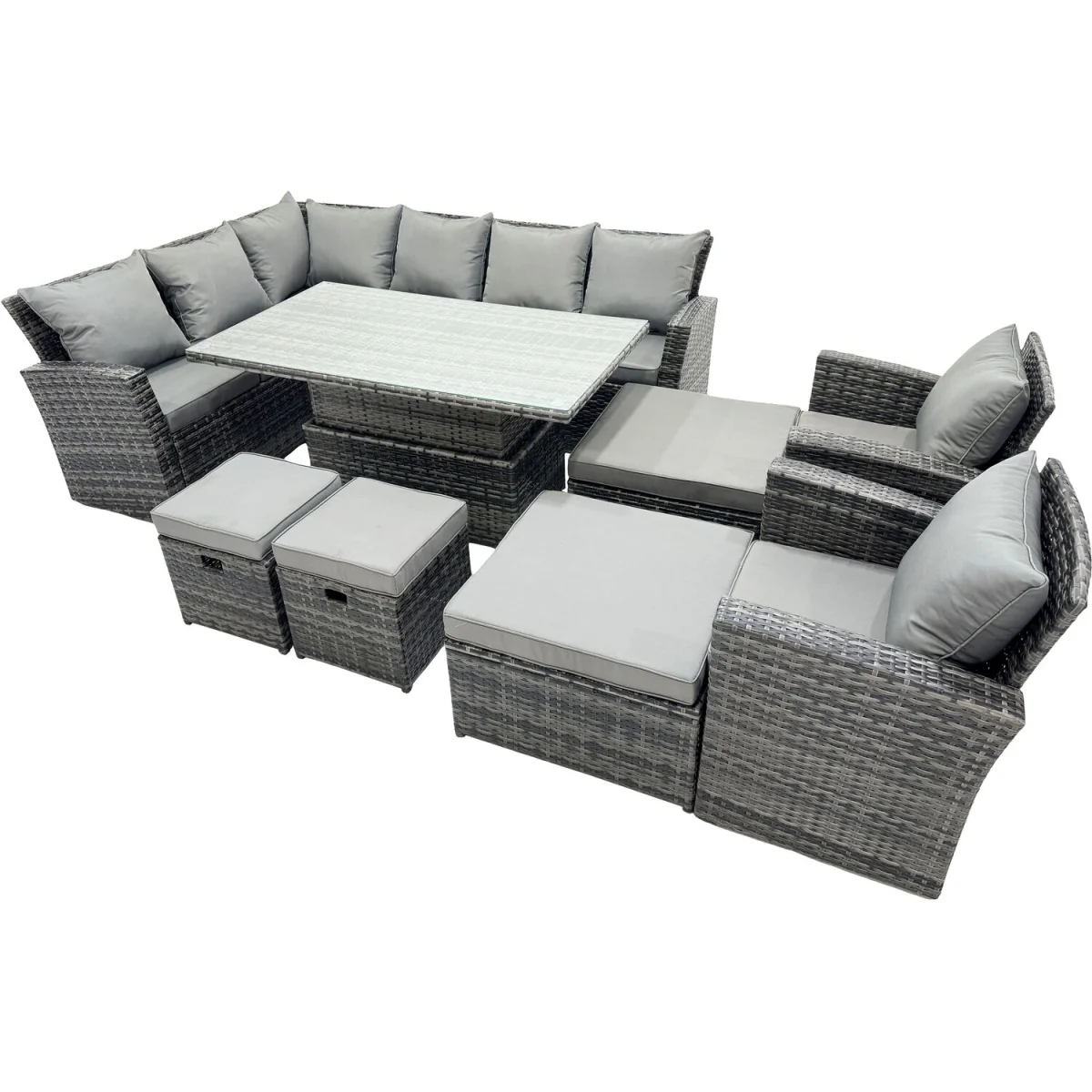 Fimous PE Rattan Outdoor Corner Sofa Set with Height-Adjustable Table, 4 Stools and 2 Chairs. - Dark Grey Mixed – image 3