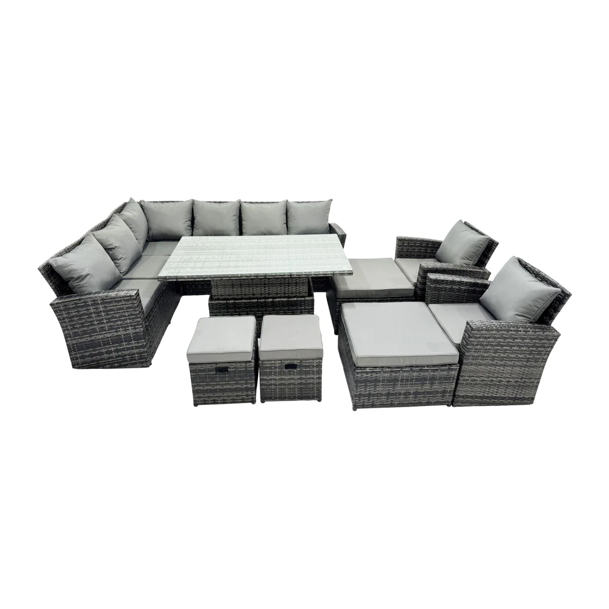 Fimous PE Rattan Outdoor Corner Sofa Set with Height-Adjustable Table, 4 Stools and 2 Chairs. - Dark Grey Mixed – image 1