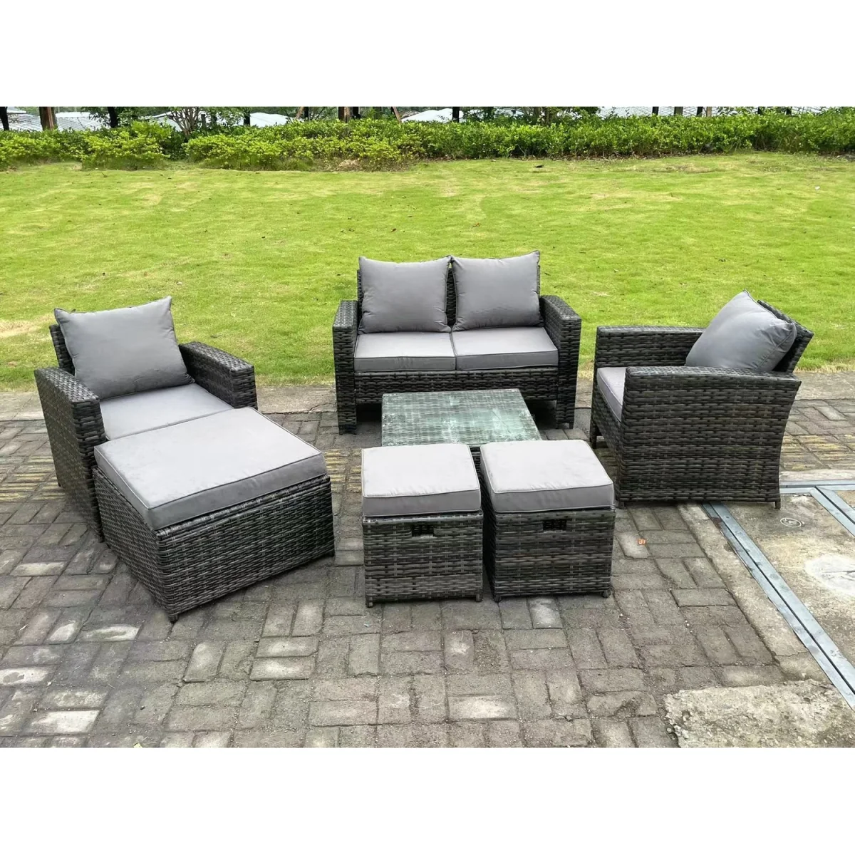 7 Seater High Back Rattan Sofa Set Garden Furniture Outdoor 3 Stools - Dark Grey Mixed – image 2