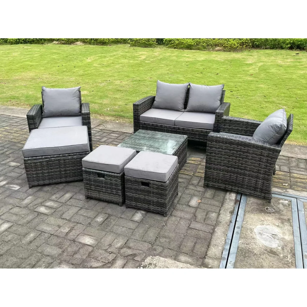 7 Seater High Back Rattan Sofa Set Garden Furniture Outdoor 3 Stools - Dark Grey Mixed – image 3