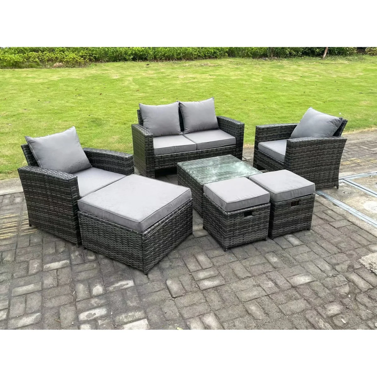 7 Seater High Back Rattan Sofa Set Garden Furniture Outdoor 3 Stools - Dark Grey Mixed – image 4