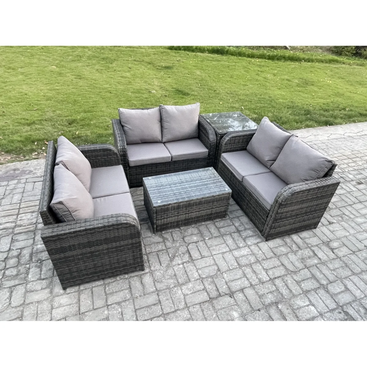 Fimous Outdoor 6-Seater Rattan Garden Sofa Set with Coffee and Side Tables. - Dark Grey Mixed – image 4