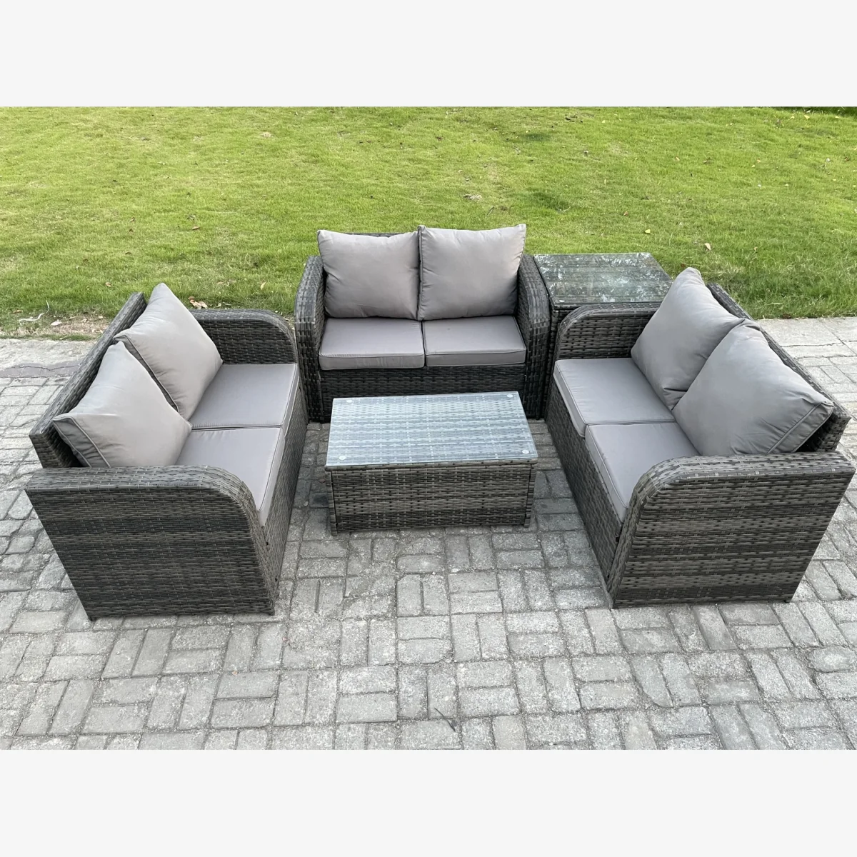 Fimous Outdoor 6-Seater Rattan Garden Sofa Set with Coffee and Side Tables. - Dark Grey Mixed – image 1