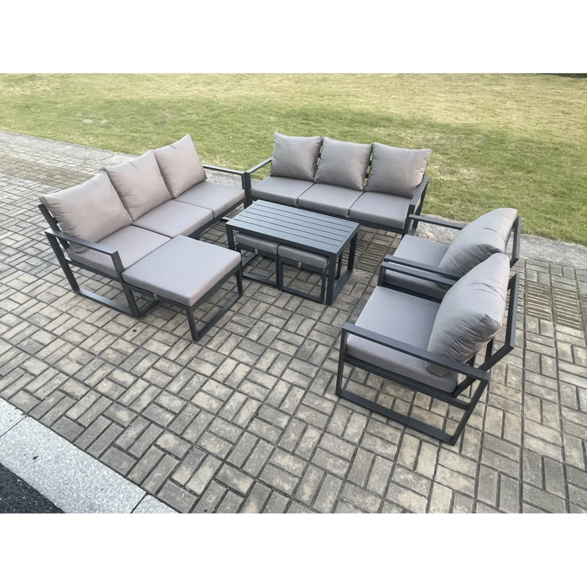 Fimous 11-Seater Aluminium Outdoor Sofa Set with Oblong Coffee Table, Dark Grey. - Dark Grey – image 5