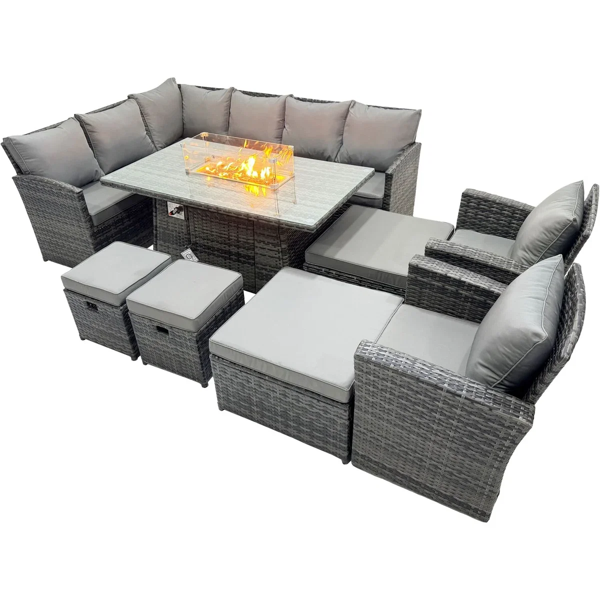 Fimous 12-Seat Poly Rattan Outdoor Corner Sofa Set with Fire Pit Table Dark Grey - Dark grey mixed rattan with dark grey fabric – image 4