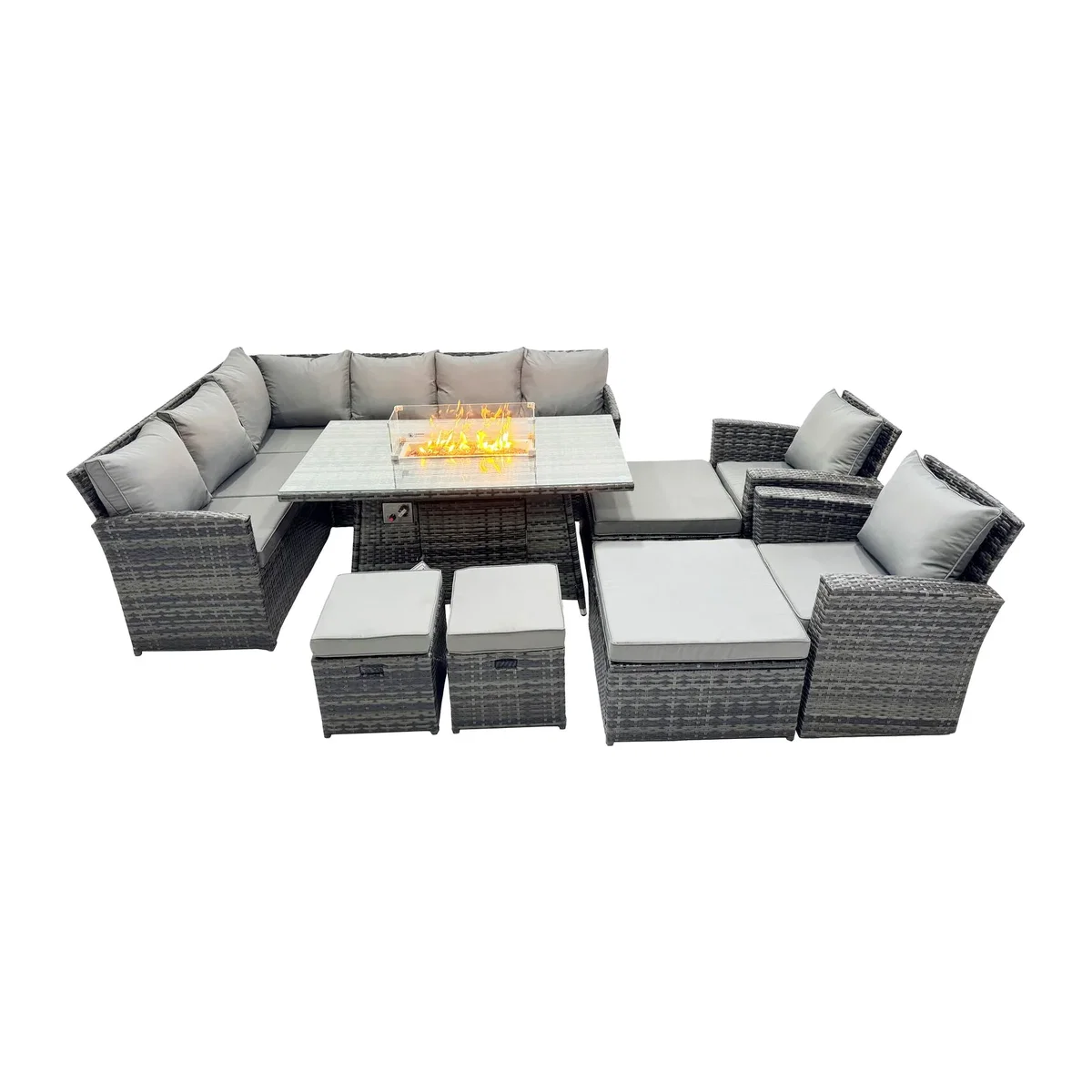Fimous 12-Seat Poly Rattan Outdoor Corner Sofa Set with Fire Pit Table Dark Grey - Dark grey mixed rattan with dark grey fabric – image 1