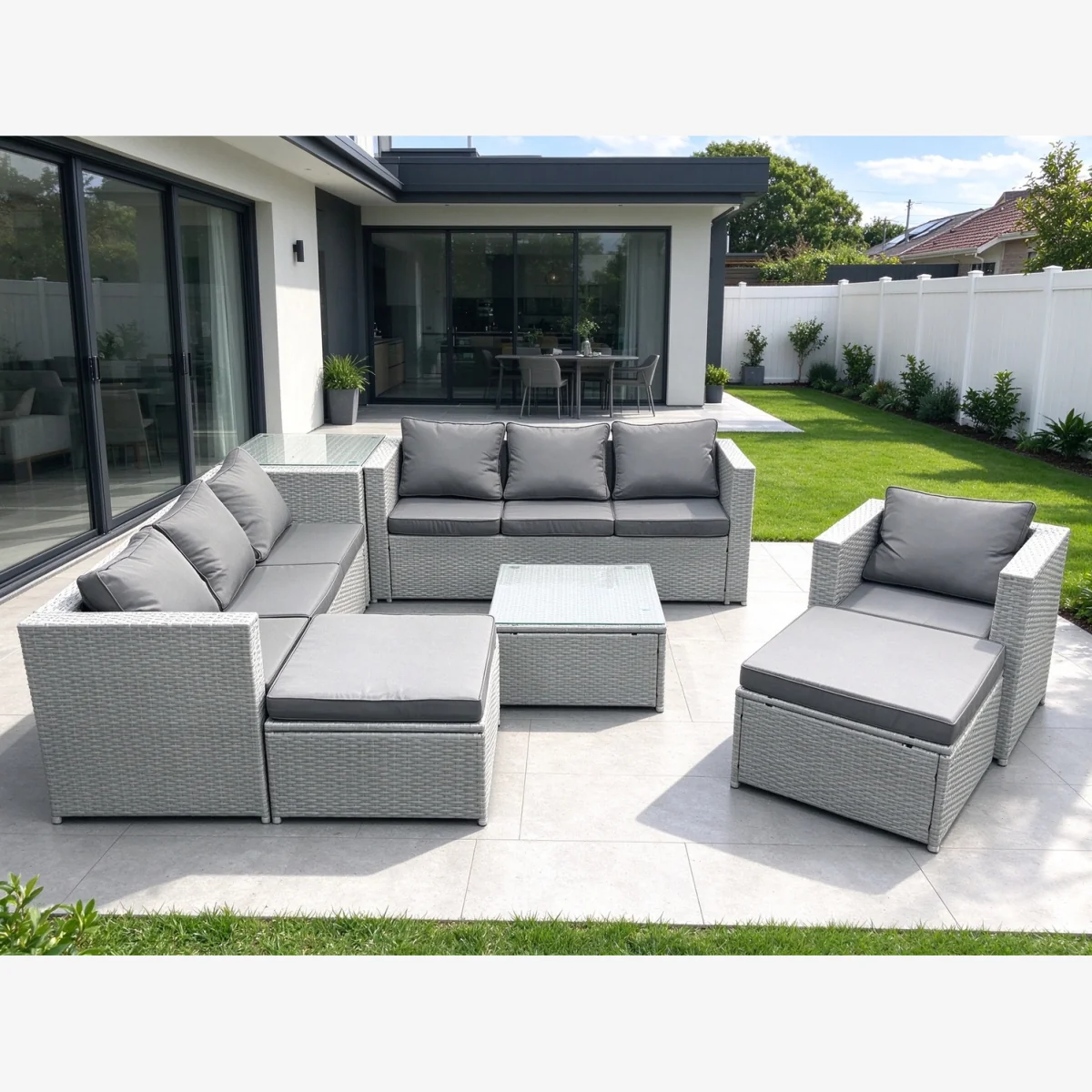 9-Seater PE Rattan Garden Sofa Set with Armchair Square Coffee Table 2 Stools