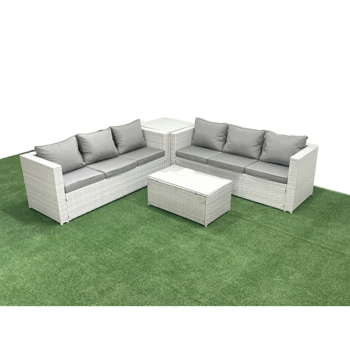 Fimous Garden 6-Seater PE Rattan Sofa Set with Side Table Light Grey Mixed - Light grey mixed rattan – image 5