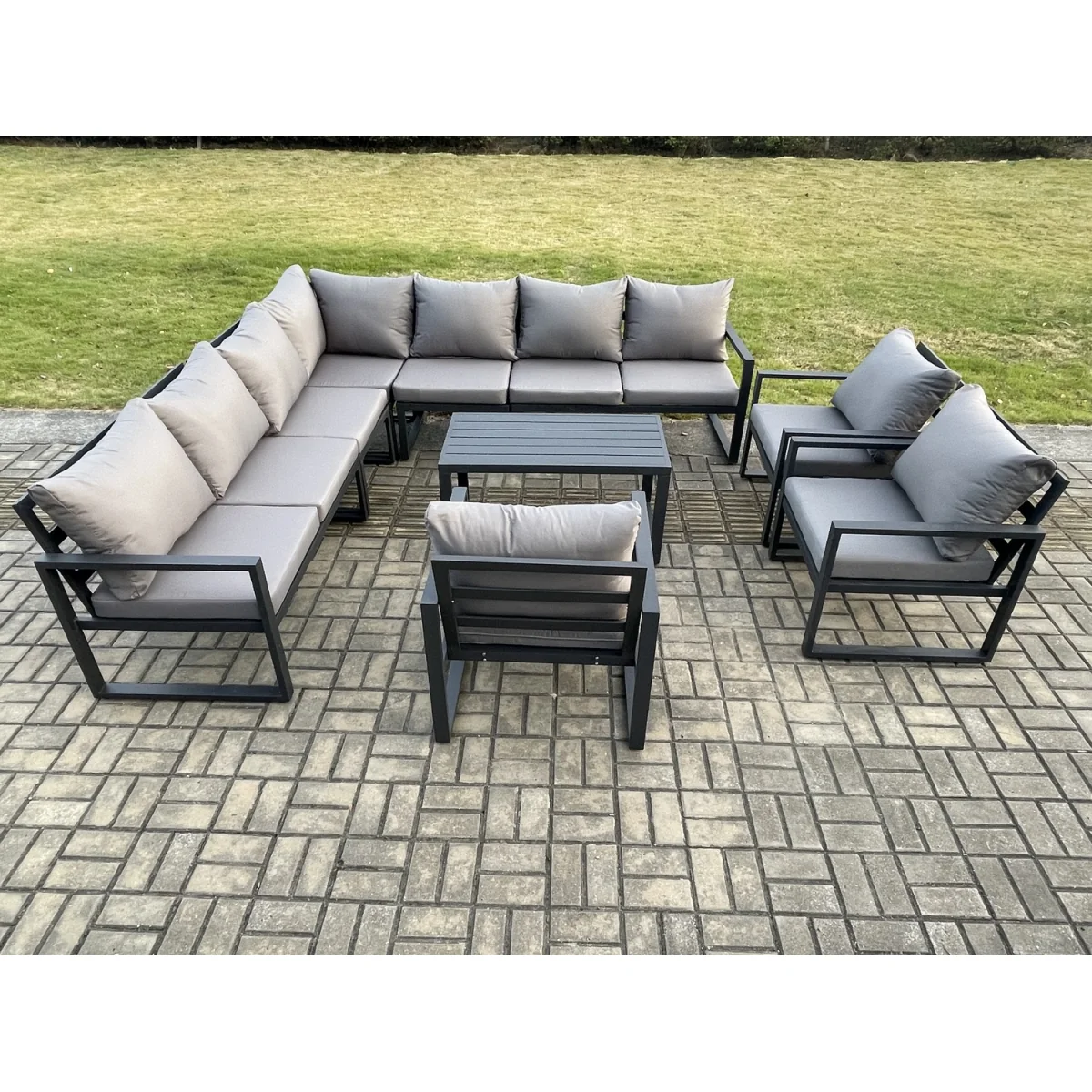 Fimous Aluminium Patio Garden Lounge Corner Sofa Set with Oblong Coffee Table, 10-Seater, Dark Grey - Dark Grey – image 3