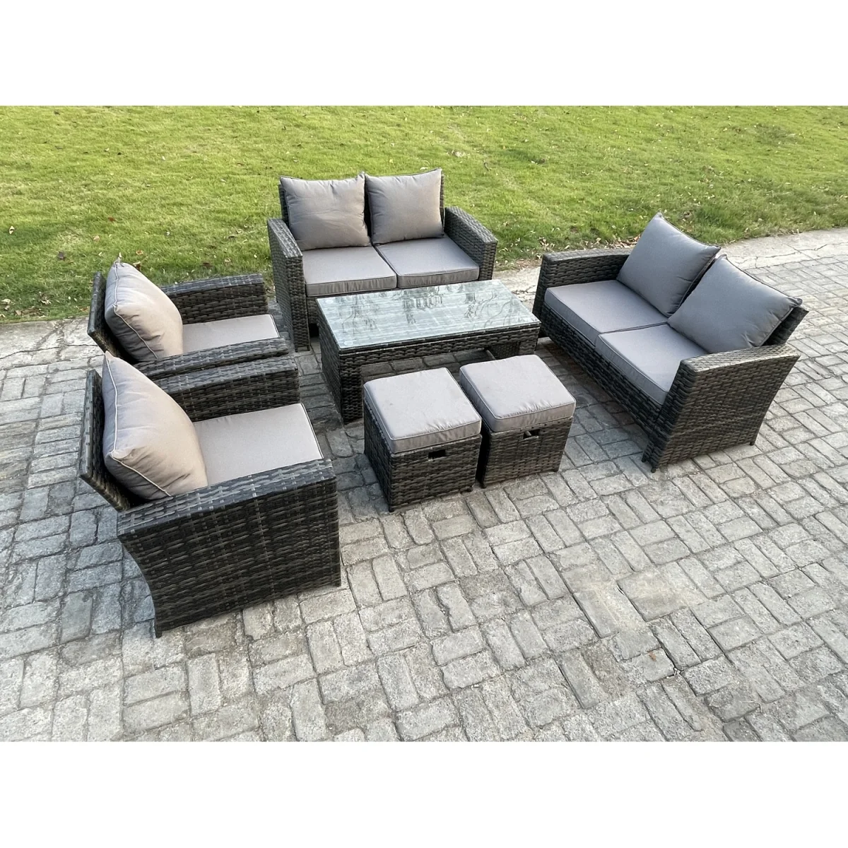 Fimous 8-Seater Dark Grey High Back Rattan Outdoor Sofa Set with Coffee Table and Footstools - Dark grey mixed rattan with dark grey fabric – image 5