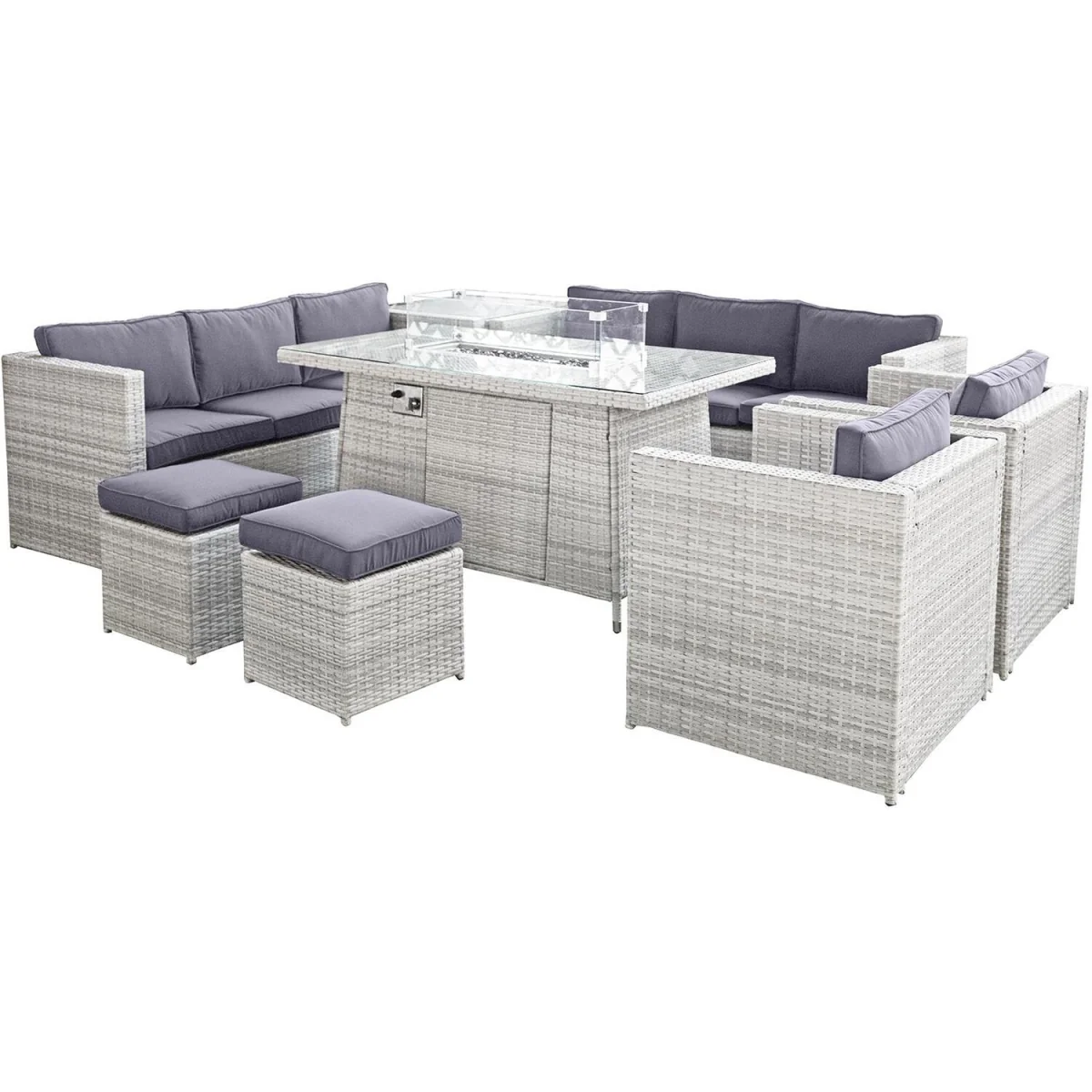 Oseasons Malta Rattan 10 Seat Firepit U-Shape Sofa Set in Sandy White with Sunset Grey Cushions - Sandy White – image 3