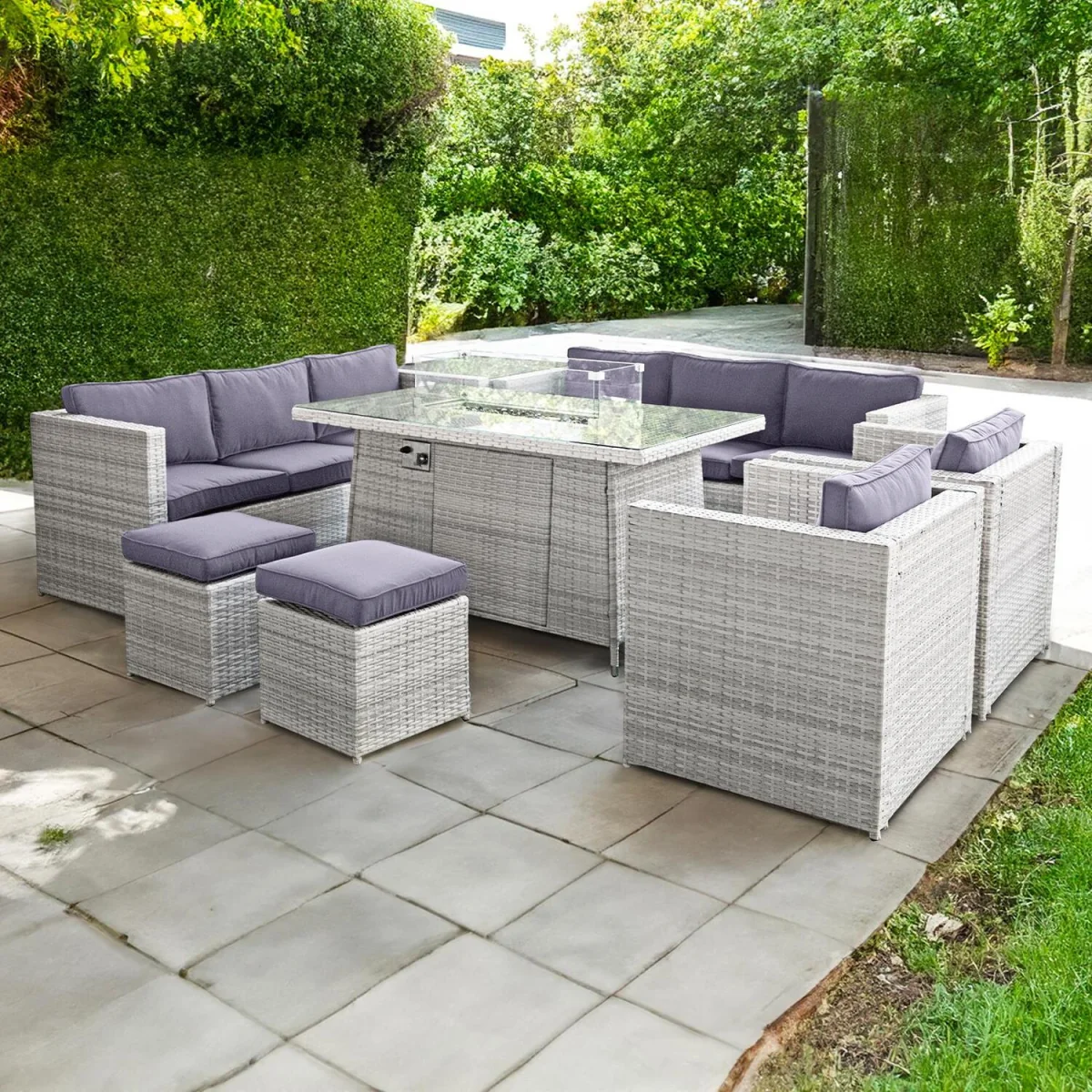 Oseasons Malta Rattan 10 Seat Firepit U-Shape Sofa Set in Sandy White with Sunset Grey Cushions - Sandy White – image 1