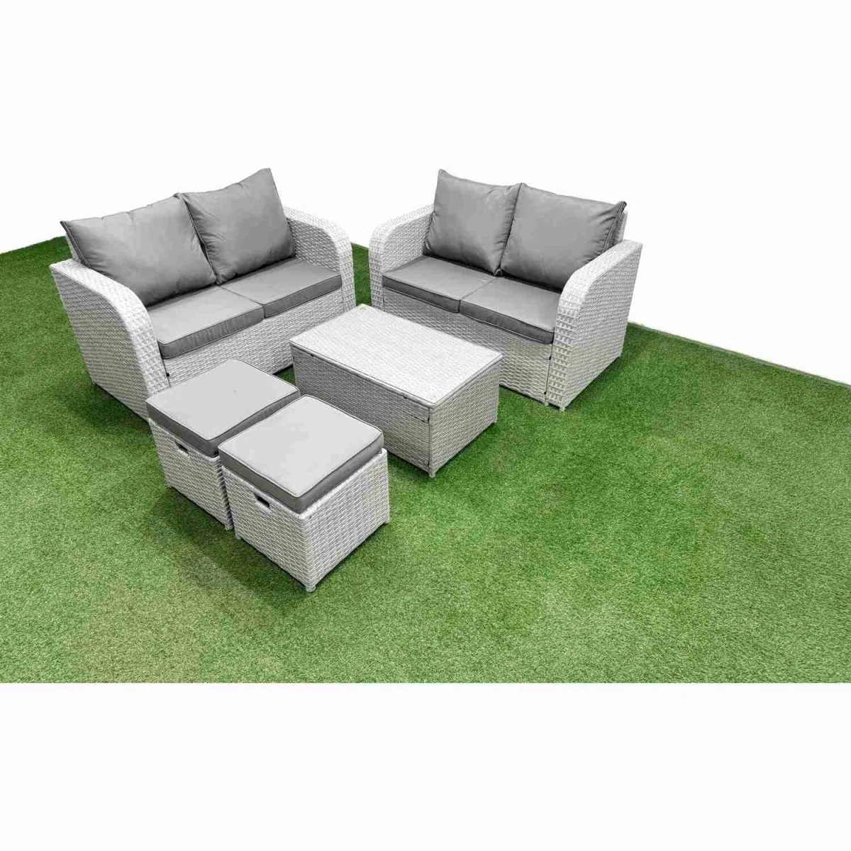 Fimous 6-Seater Outdoor Rattan Love Sofa Set with Rectangular Coffee Table and 2 Stools, Light Grey. - Light Grey with Dark Grey Fabric – image 1