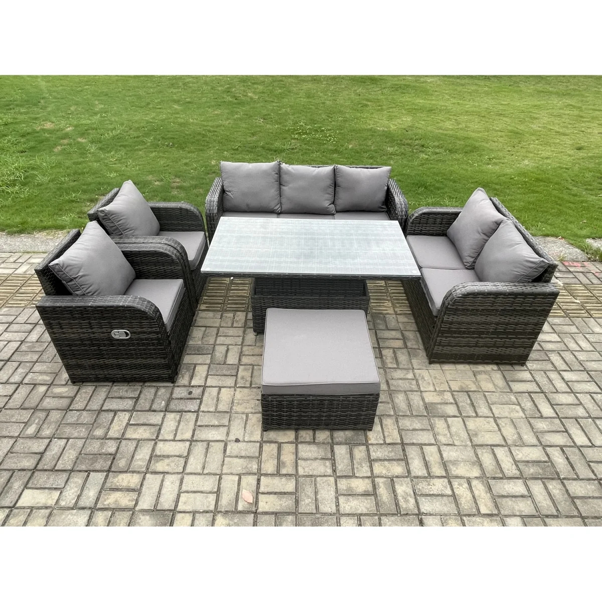 Fimous Rattan Outdoor Garden Sofa Set with Rising Table and Reclining Chairs - Dark Grey - Dark Grey – image 4