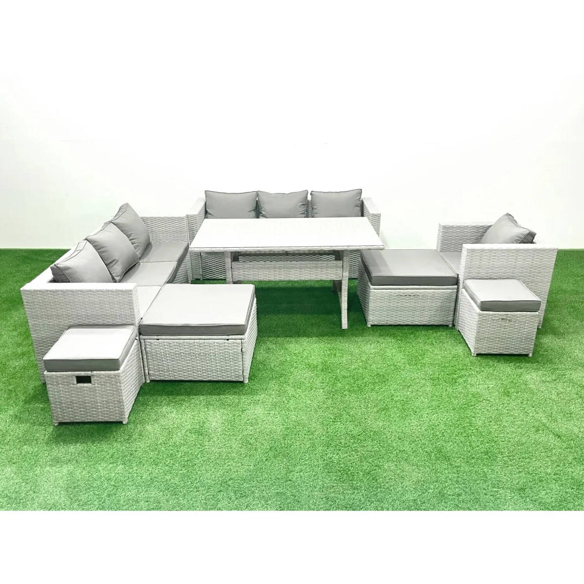 Fimous Rattan Garden Furniture 11 Seater Dining and Lounge Sofa Set with Table and Footstools. - Light Grey Mixed – image 5