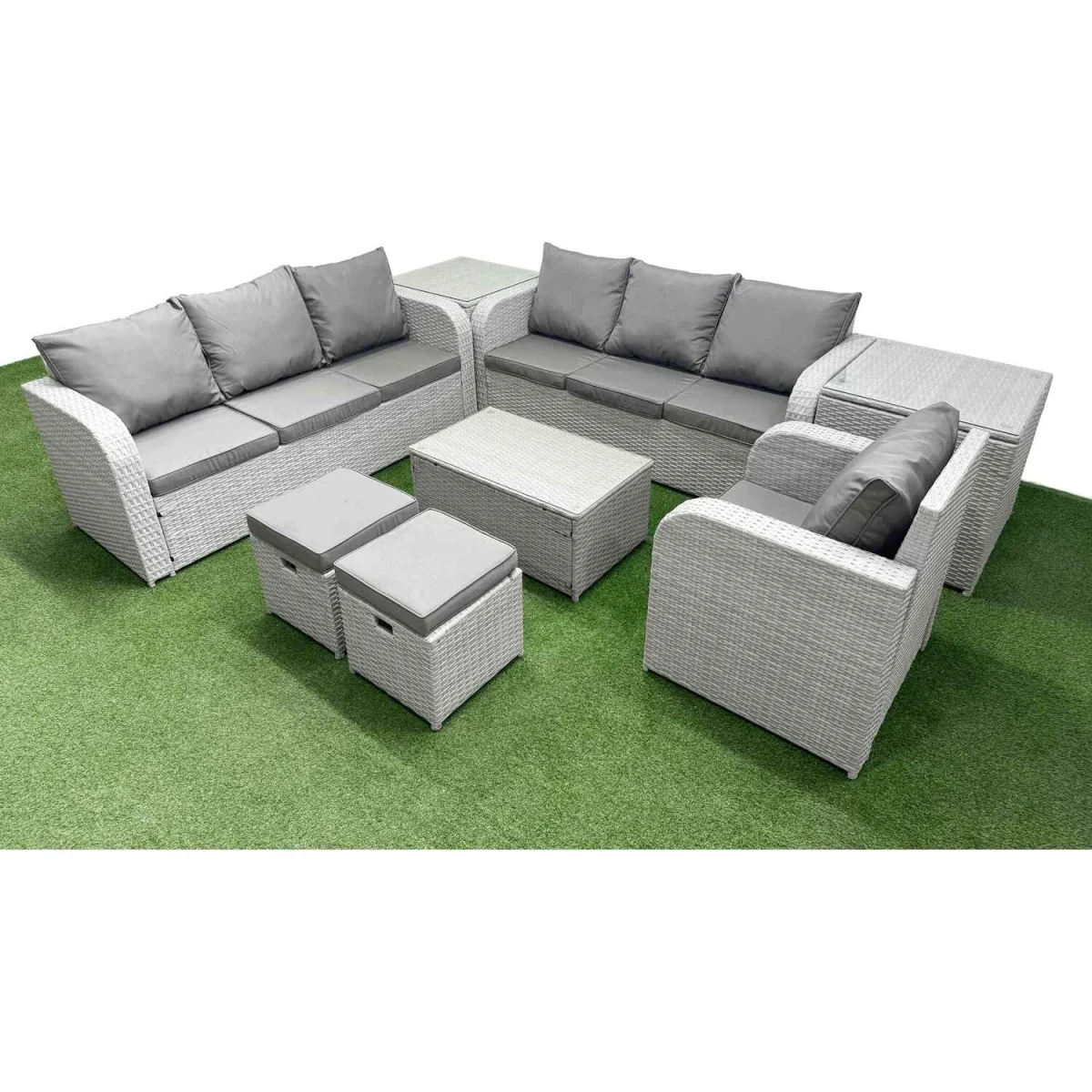 Fimous 9-Seater Poly Rattan Outdoor Sofa Set with Reclining Chair, Footstool and Tables. - Light Grey – image 5