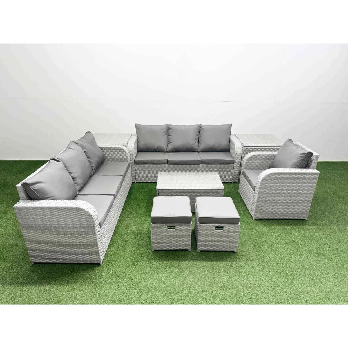Fimous 9-Seater Poly Rattan Outdoor Sofa Set with Reclining Chair, Footstool and Tables. - Light Grey – image 1