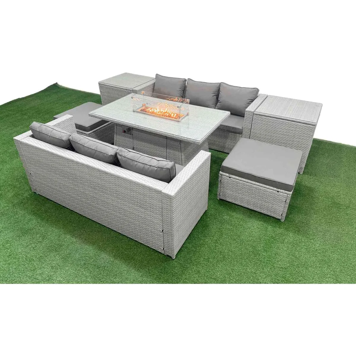 Fimous 8-Seater PE Rattan Outdoor Sofa Set with Firepit Table Light Grey - Light Grey – image 4