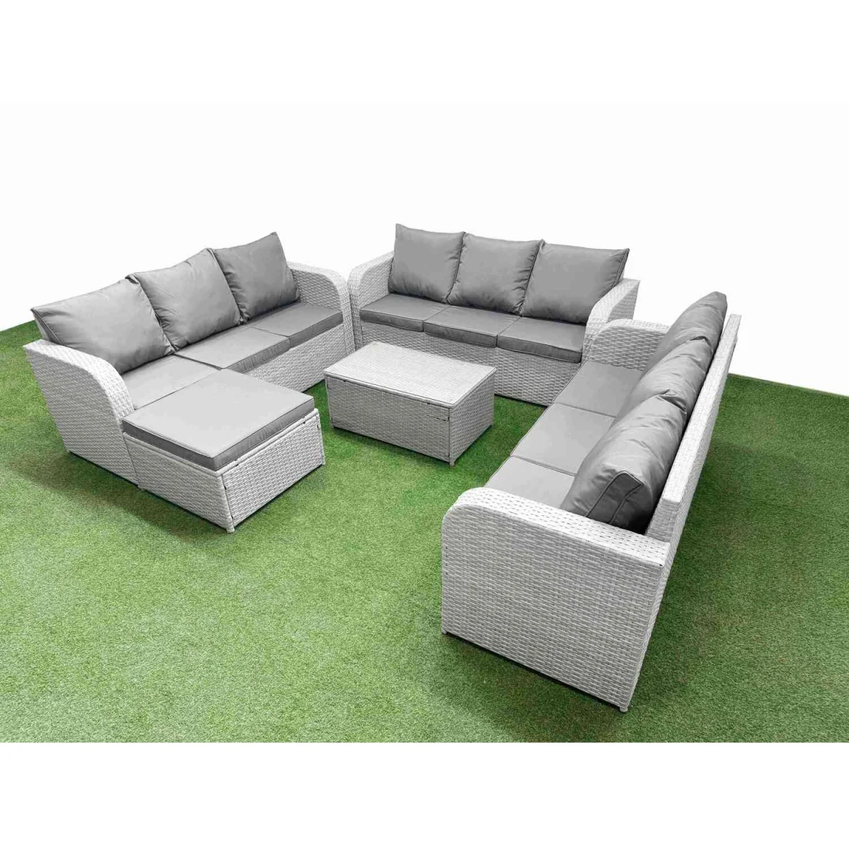 Fimous PE Rattan 10-Seater Outdoor Garden Sofa Set with Rectangular Coffee Table. - Light grey PE rattan with dark grey fabric – image 5