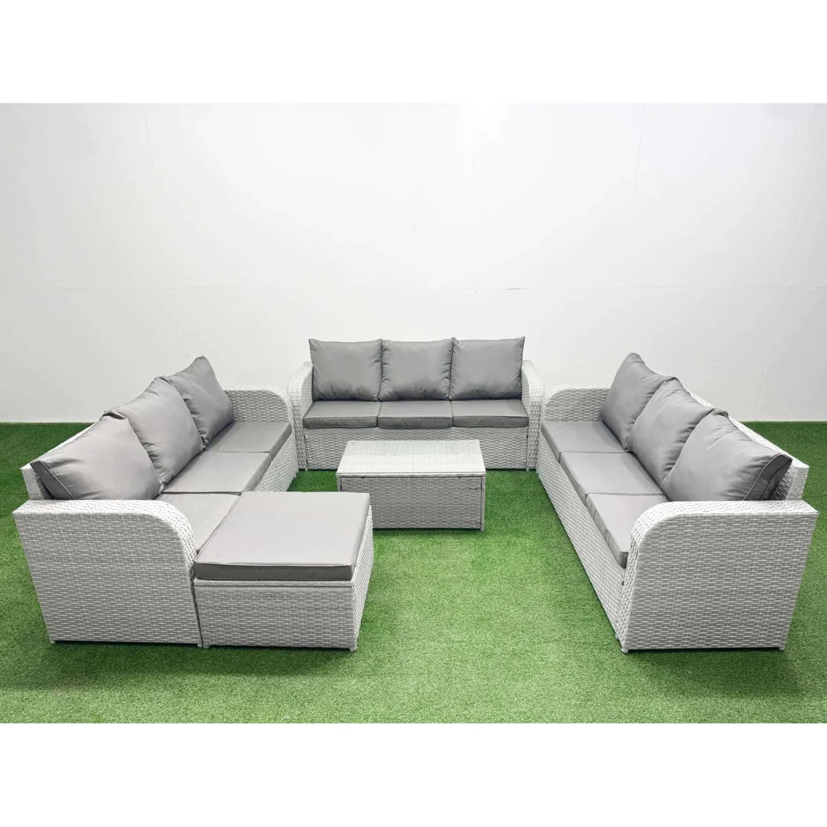 Fimous PE Rattan 10-Seater Outdoor Garden Sofa Set with Rectangular Coffee Table. - Light grey PE rattan with dark grey fabric – image 1