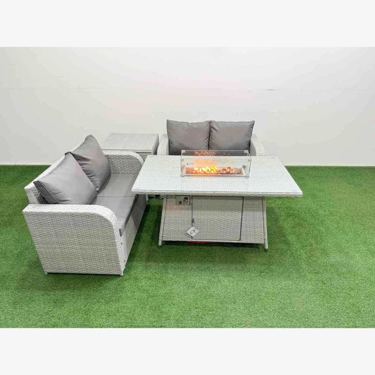 Fimous 4-Seater Outdoor Rattan Love Sofa Set with Firepit Dining Table Light Grey - Light Grey – image 1