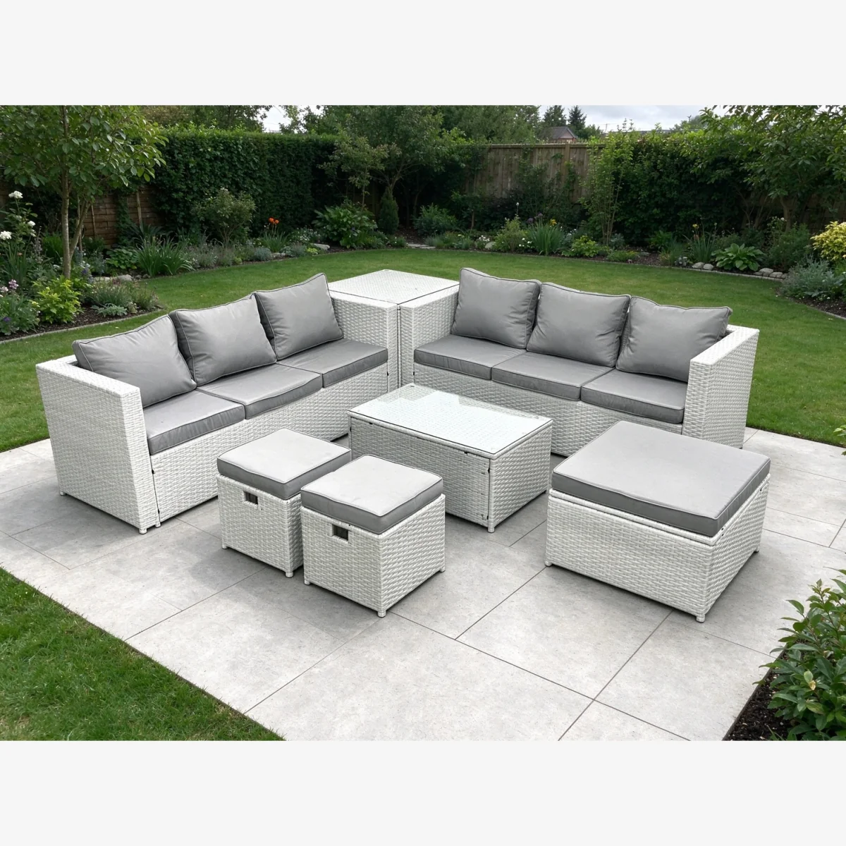9-Seater Deluxe PE Rattan Garden Sofa Set with Tempered Glass Table 3 Stools
