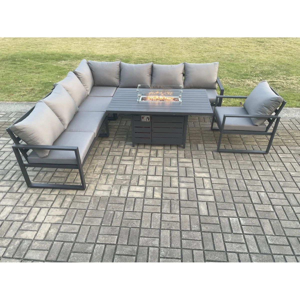Fimous Aluminium 7-Piece Garden Corner Sofa Set with Cushions and Gas Fire Pit. - Dark Grey – image 2