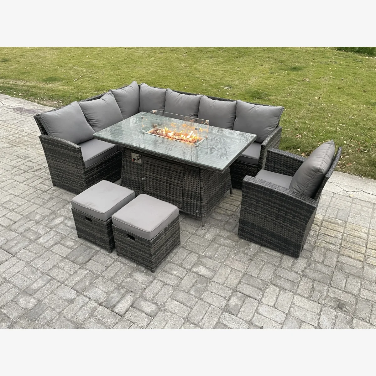 Fimous 9-Seater Rattan Garden Corner Sofa Set with Gas Fire Pit Table, Dark Grey Mixed. - Dark Grey Mixed – image 1