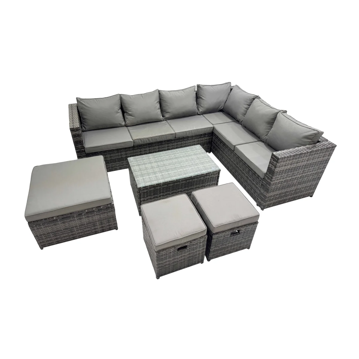 Fimous 9-Seater L-Shape Outdoor PE Rattan Sofa Set with Oblong Coffee Table and Footstools Dark Grey - Dark Grey Mixed – image 1