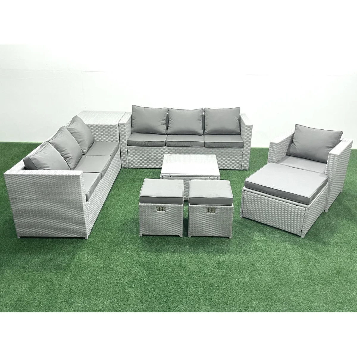 Fimous Wicker PE Rattan Garden Sofa Set with Armchair, Coffee Table and Footstools - Light Grey Mixed – image 3
