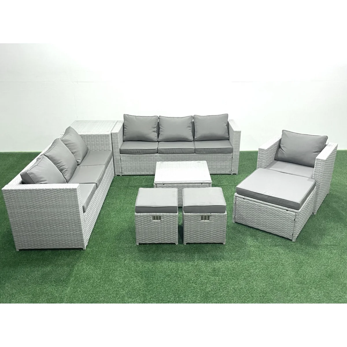 Fimous Wicker PE Rattan Garden Sofa Set with Armchair, Coffee Table and Footstools - Light Grey Mixed – image 1