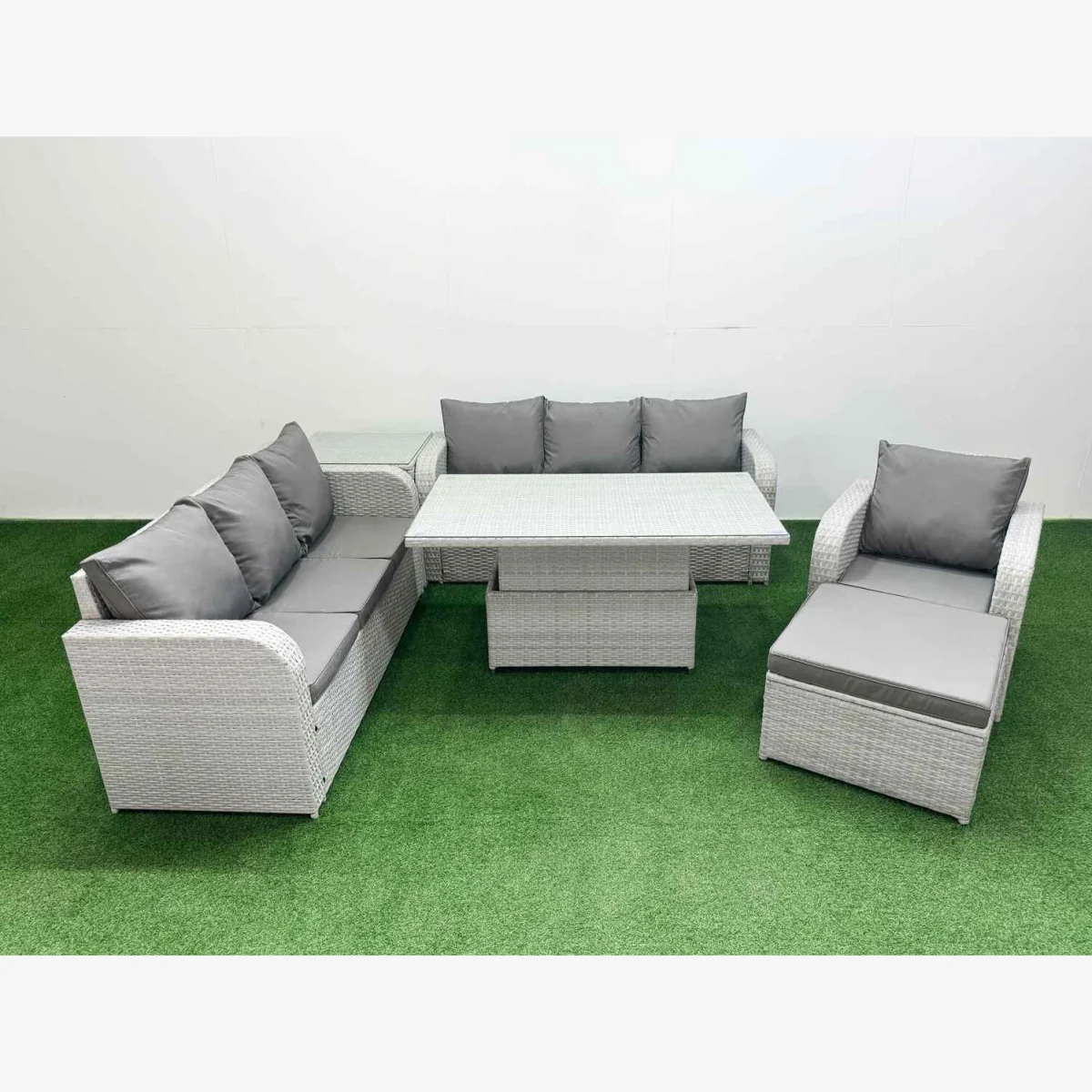 Fimous 8-Seater Poly Rattan Outdoor Sofa Set with Reclining Chairs Light Grey - Light grey rattan with dark grey fabric – image 1