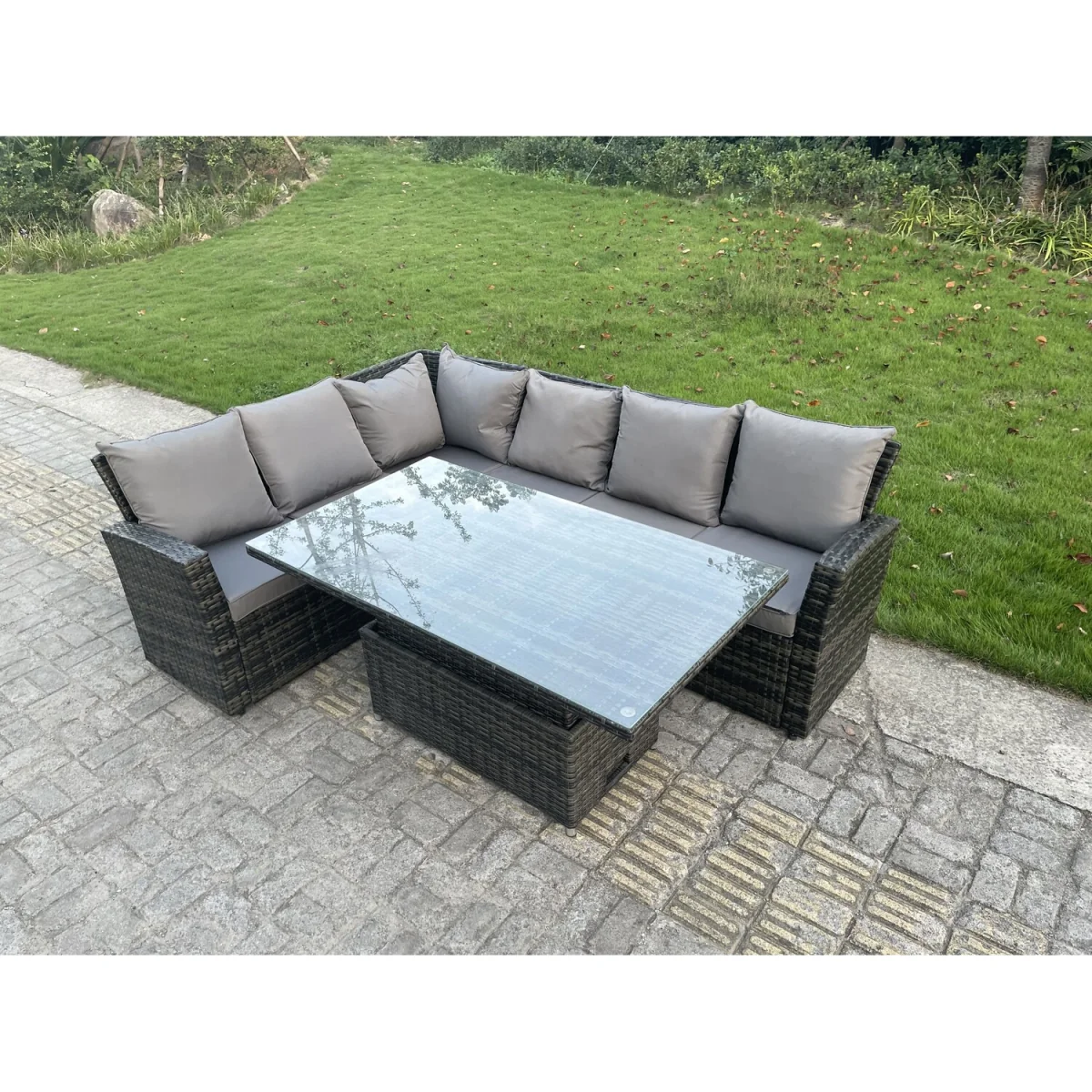 Outdoor Rattan Corner Sofa Garden Furniture High Back Sofa Set 6 Seater - Dark Grey Mixed – image 4