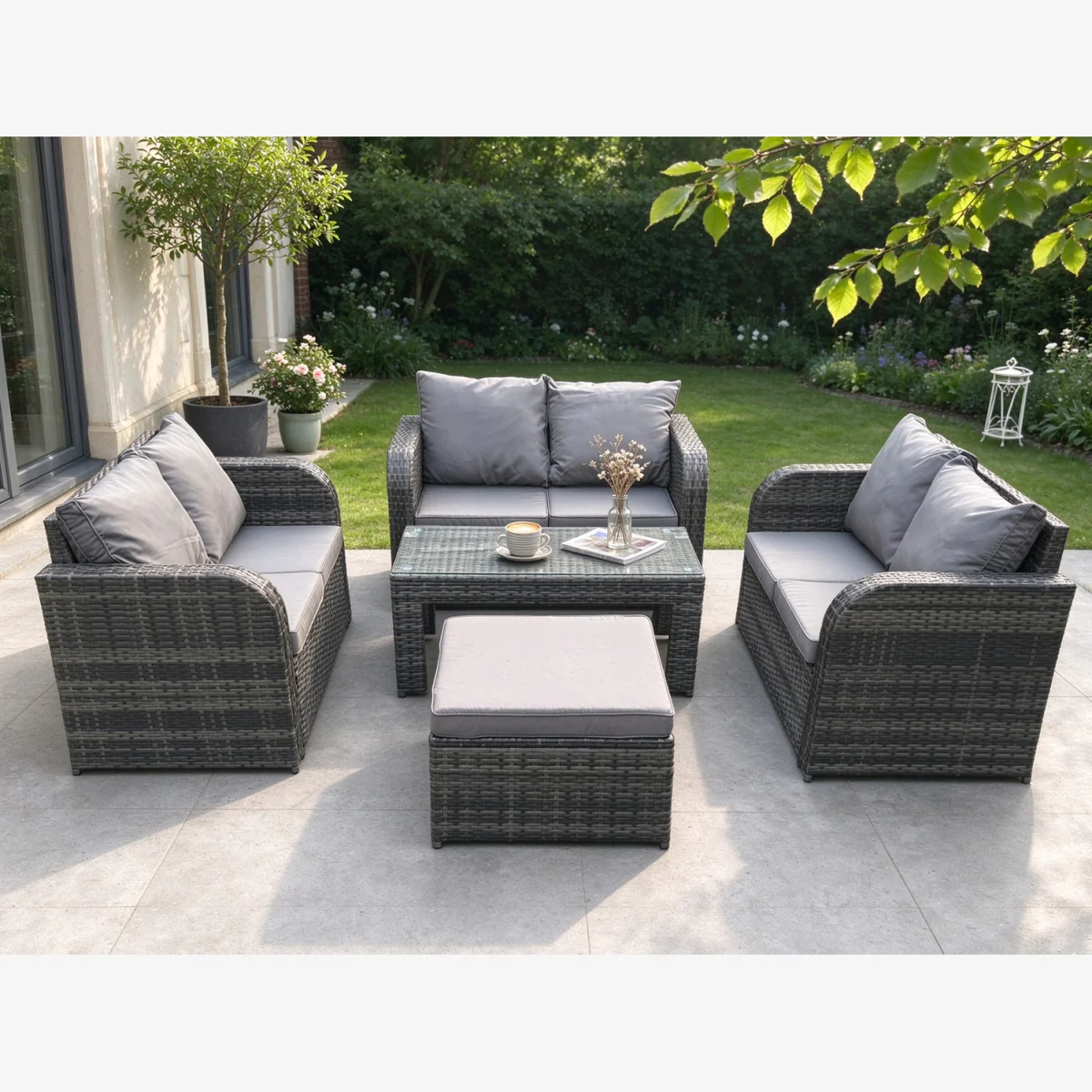 7-Seater Rattan Garden Sofa Set with Tempered Glass Coffee Table