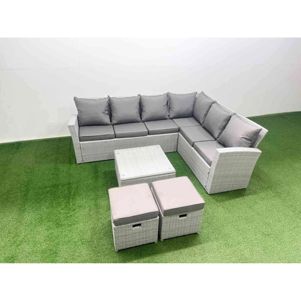 Fimous 8-Seater Outdoor PE Rattan Corner Sofa Set with Square Tempered Glass Table Light Grey Mixed - Light grey rattan + dark grey fabric – image 4