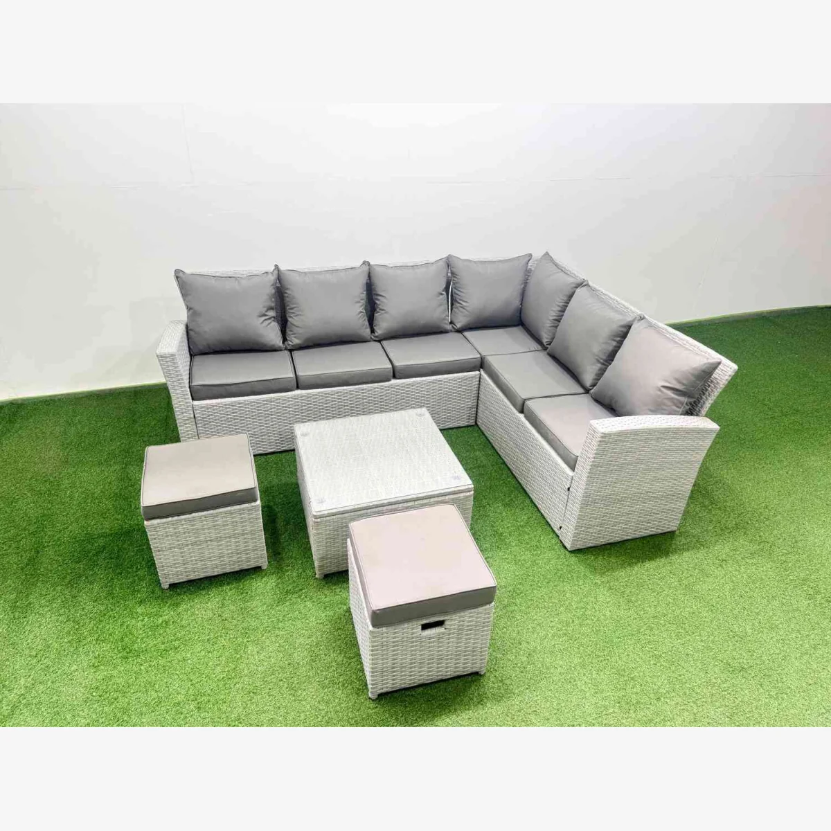 Fimous 8-Seater Outdoor PE Rattan Corner Sofa Set with Square Tempered Glass Table Light Grey Mixed - Light grey rattan + dark grey fabric – image 1