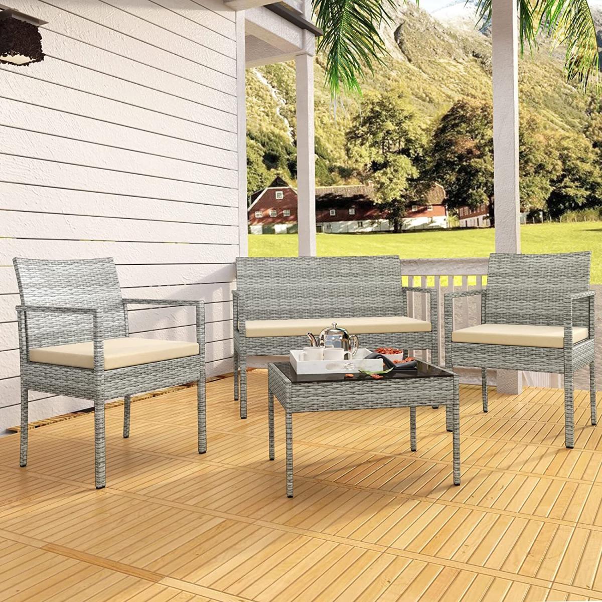 New Style 4 Pieces Garden Furniture Sets PE Wicker Furniture Set - Grey