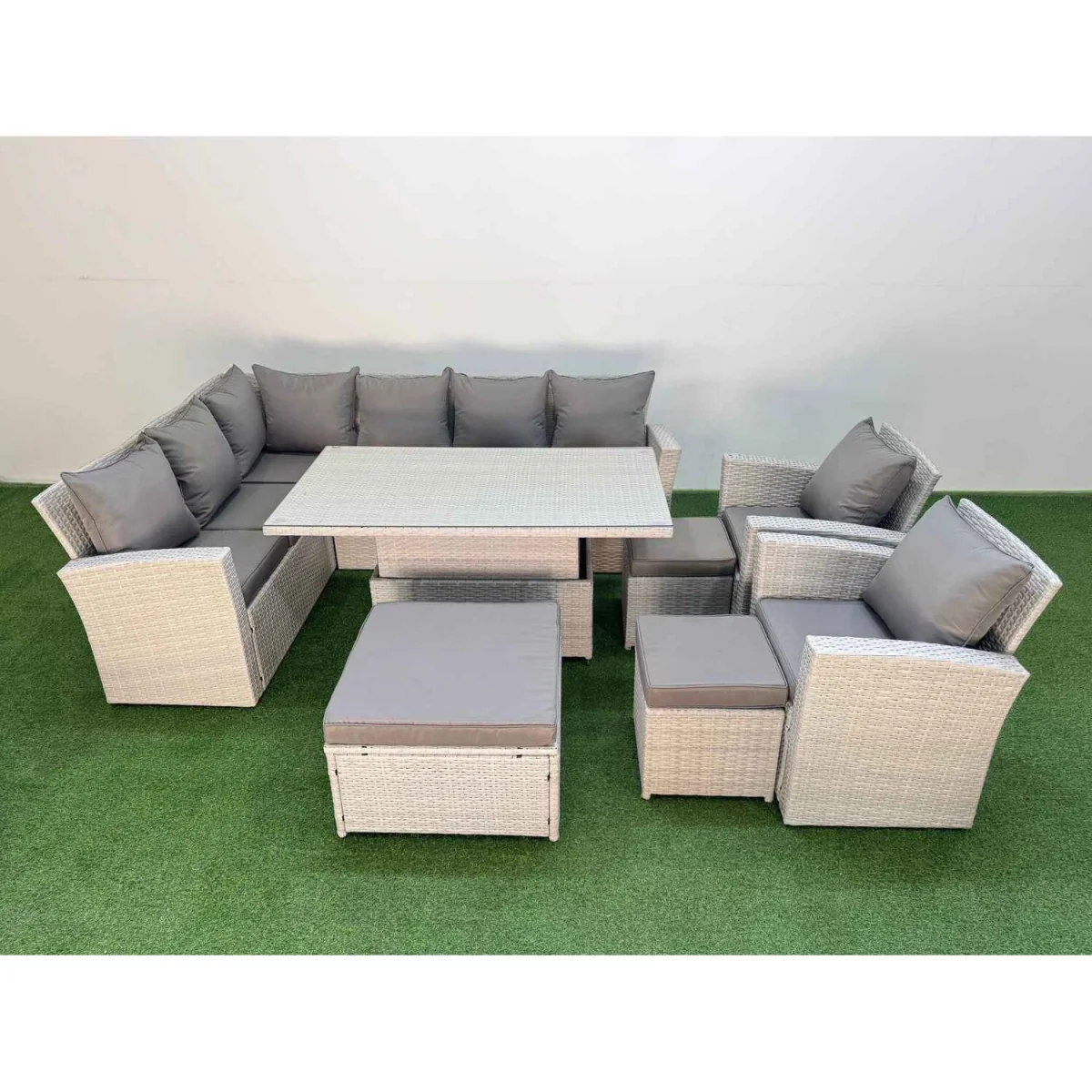 Fimous 11-Seat Rattan Outdoor Corner Sofa Set with Adjustable Lifting Dining Table - Light Grey Mixed – image 5