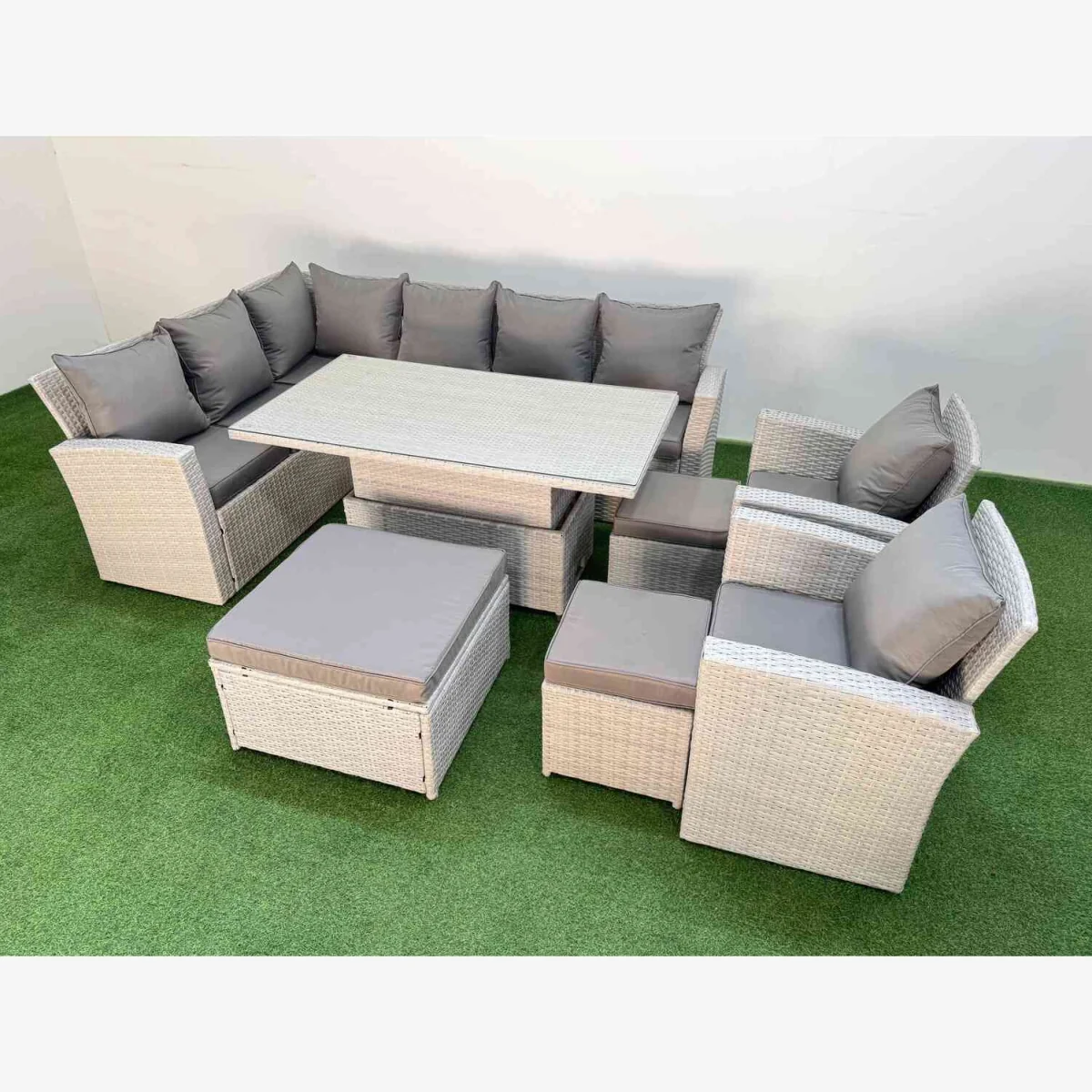 Fimous 11-Seat Rattan Outdoor Corner Sofa Set with Adjustable Lifting Dining Table - Light Grey Mixed – image 1