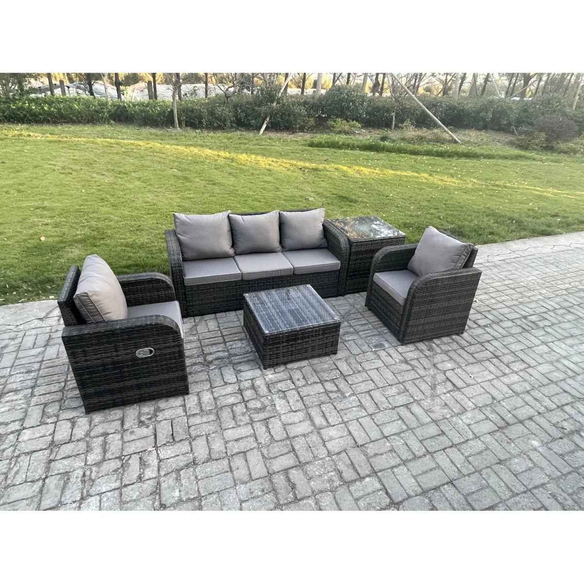 Fimous Garden Furniture 5-Seater Wicker Rattan Sofa Set Dark Grey Mixed - Dark grey mixed rattan with dark grey fabric – image 5