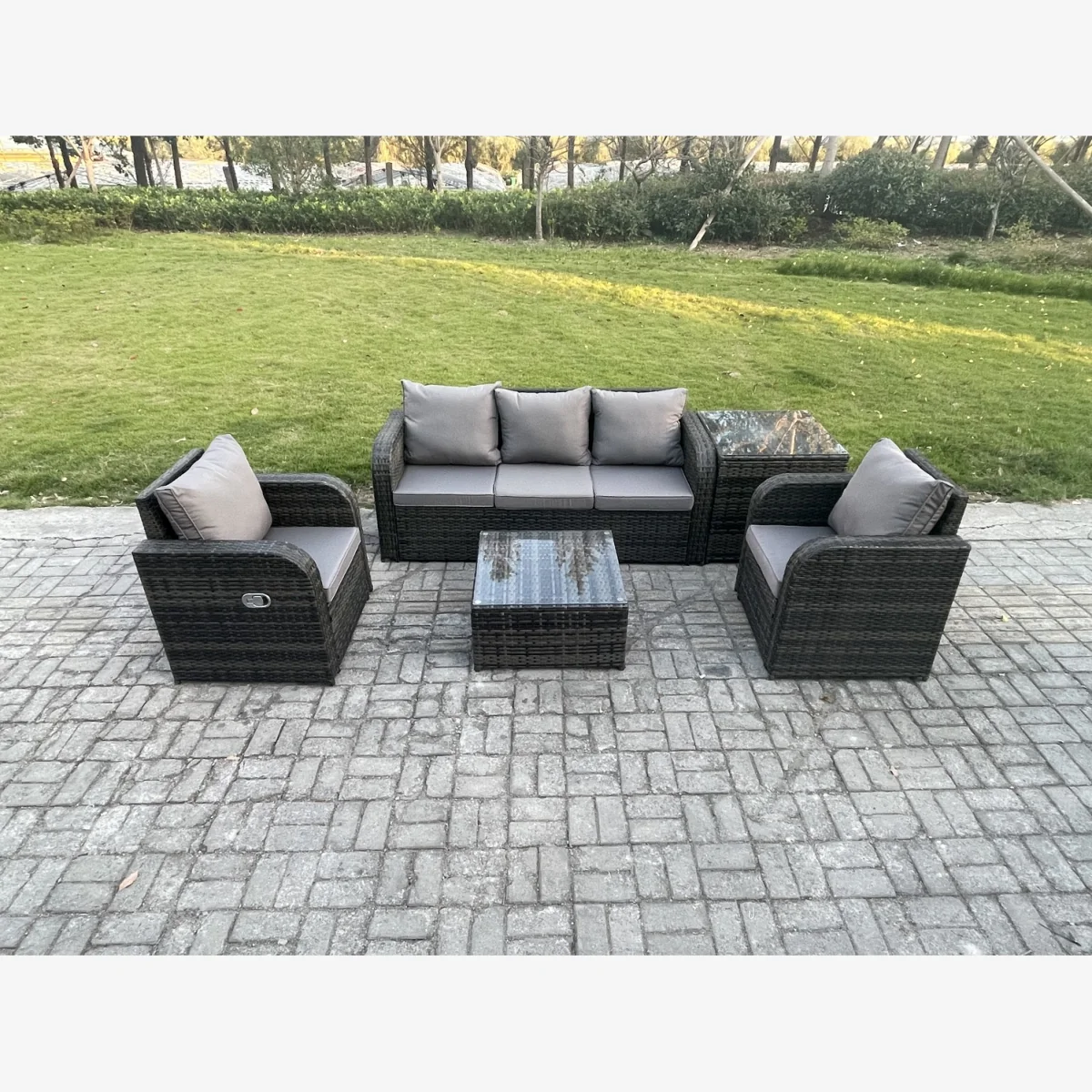 Fimous Garden Furniture 5-Seater Wicker Rattan Sofa Set Dark Grey Mixed - Dark grey mixed rattan with dark grey fabric – image 1