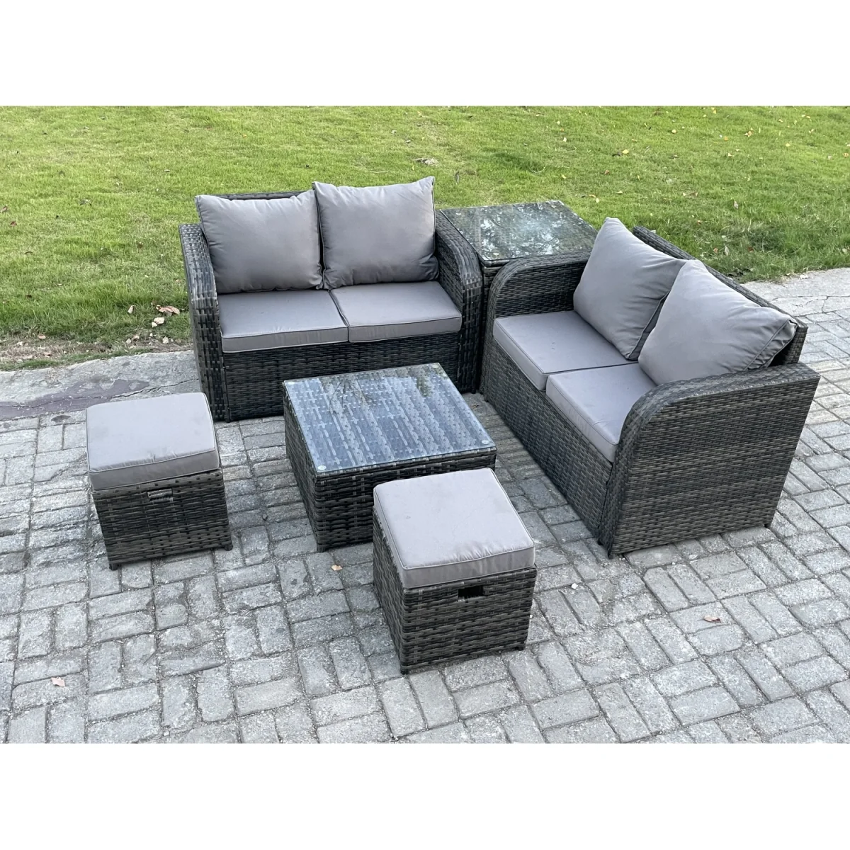 Fimous Rattan Sofa Set Outdoor Garden Furniture with Square Coffee Table, Loveseat and 2 Footstools. - Dark Grey Mixed – image 4