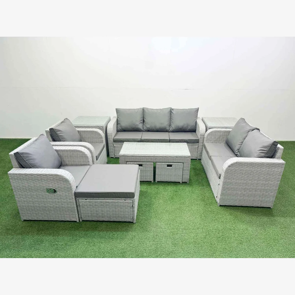 Fimous PE Rattan Garden Sofa Set with Adjustable Recliners and Glass Coffee Table Light Grey - Light Grey – image 1