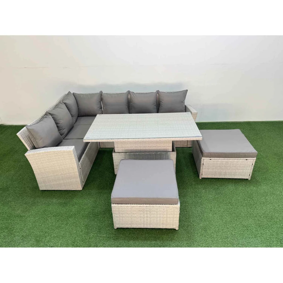 Fimous 8-seat rattan outdoor corner sofa set with adjustable lift table, Grey - Light Grey – image 5