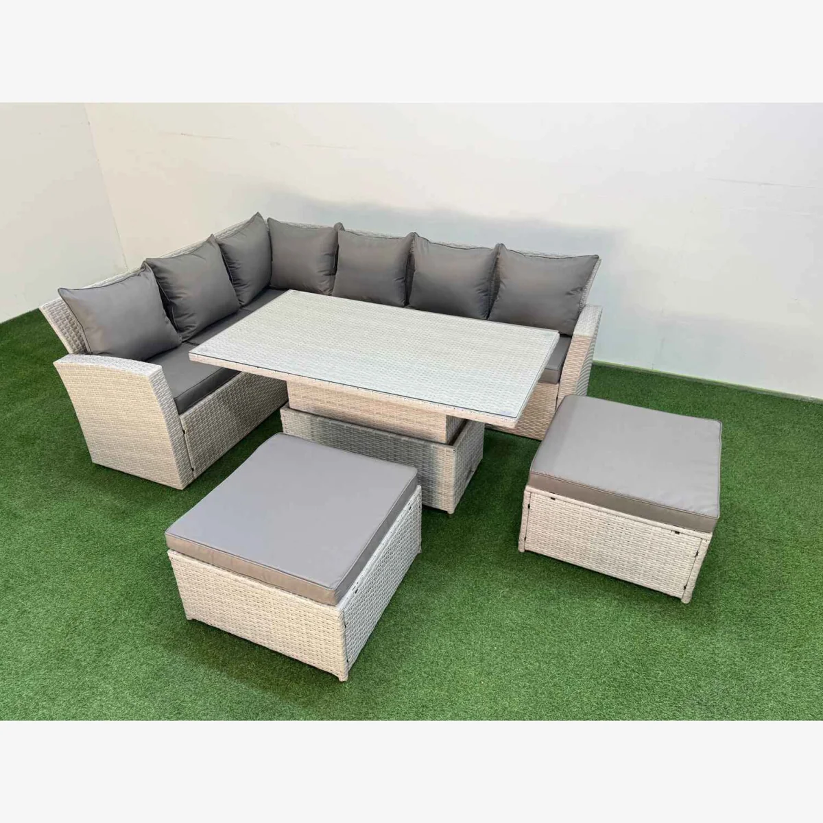 Fimous 8-seat rattan outdoor corner sofa set with adjustable lift table, Grey - Light Grey – image 1