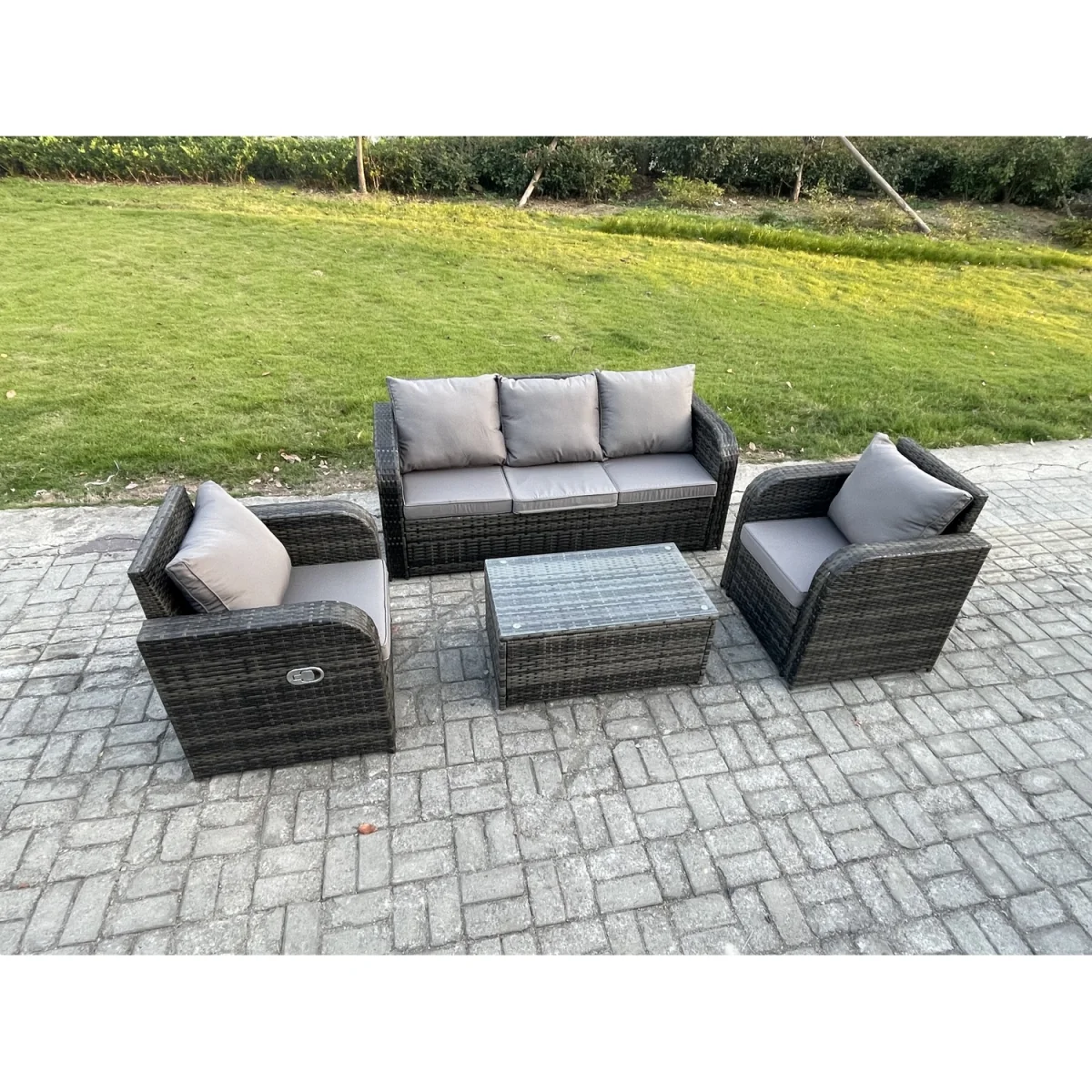 Fimous 5-Seater Outdoor Rattan Sofa Set with Recliners & Glass Coffee Table - Dark Grey Mixed – image 5
