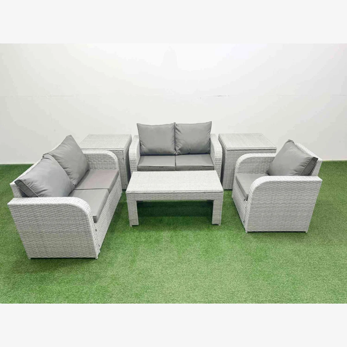Fimous High Back Poly Rattan 6-Piece Garden Sofa Set with Recliner and Coffee Table Light Grey - Light Grey – image 1