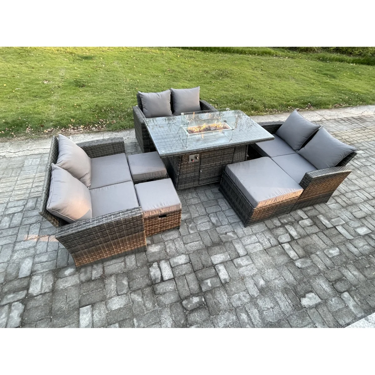 Fimous Rattan Garden Sofa Set with Gas Fire Pit Dining Table, Dark Grey - Dark grey mixed rattan with dark grey fabric – image 2