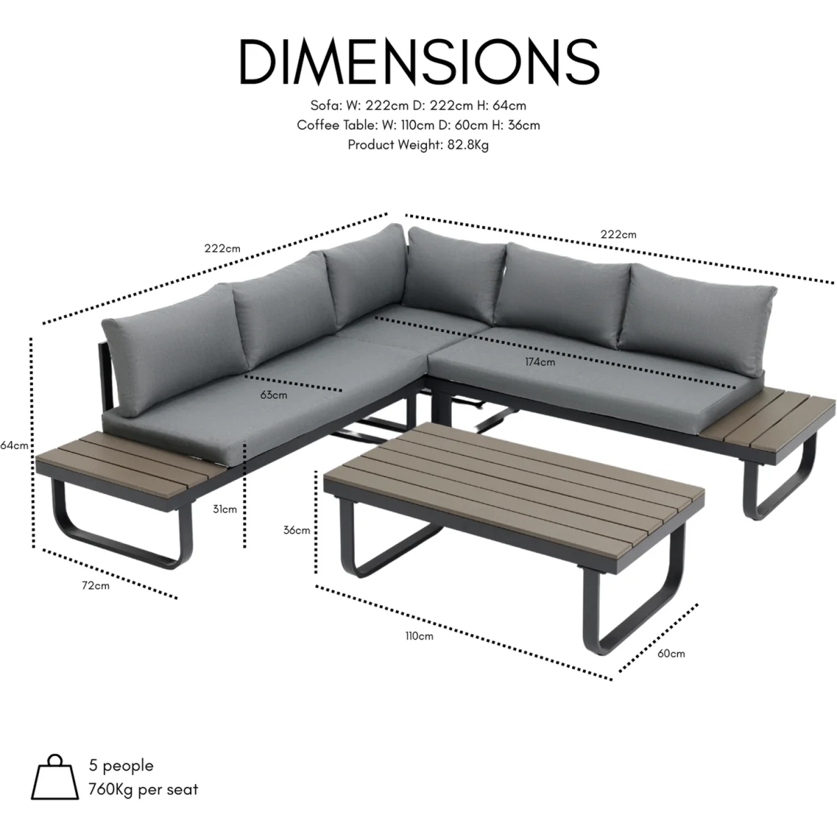 Roman Aluminium L-Shape Garden Sofa Set with Optional Fire Pit Table - Grey / Sofa, Coffee Table, Fire Pit Table – image 2